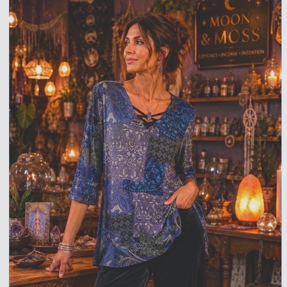 Chico's Velvet Burnout Tunic Top Blue Black Criss Cross Neck Large